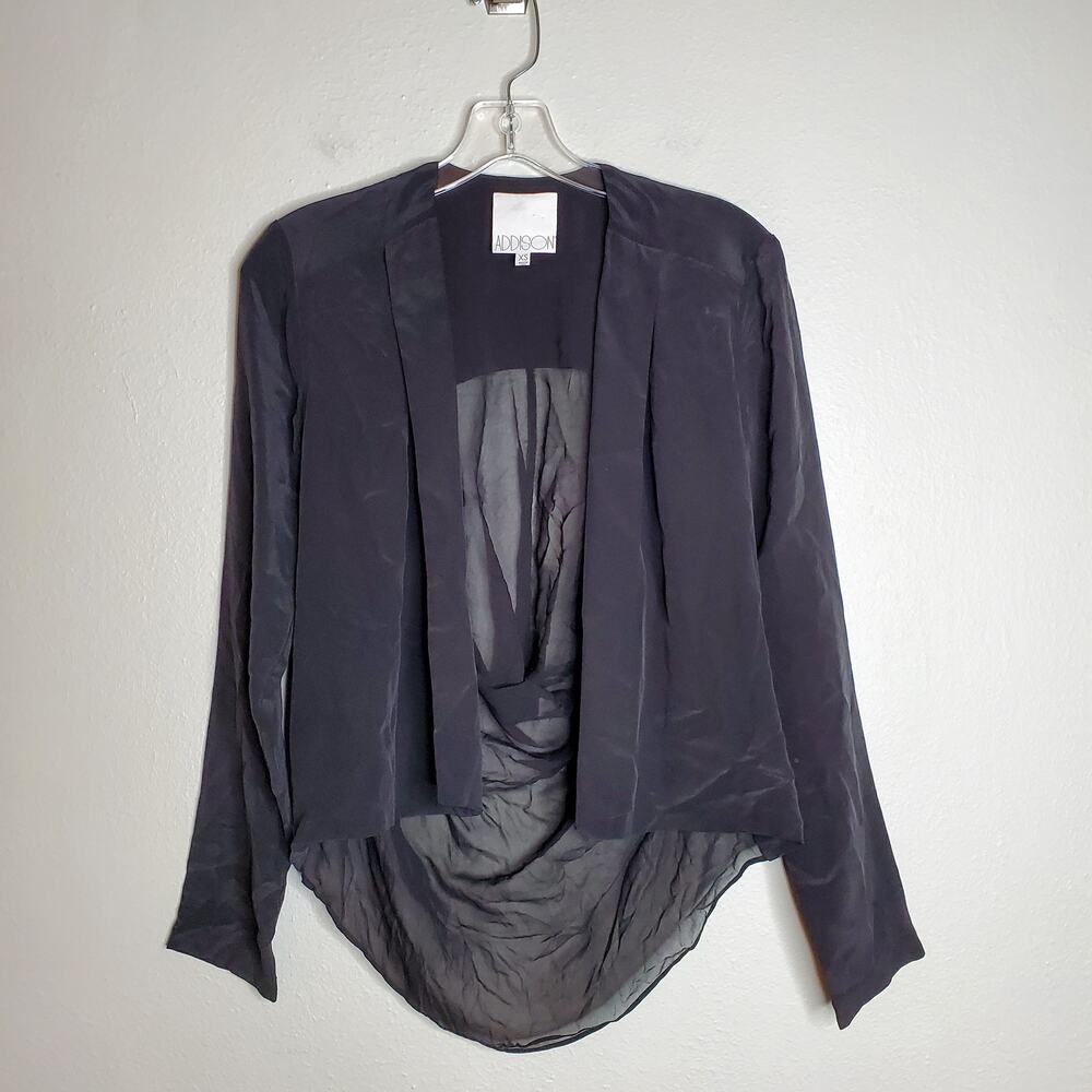 Elegant Sheer Black Silk Open Front Lightweight Jacket XS Chic Layering Addison